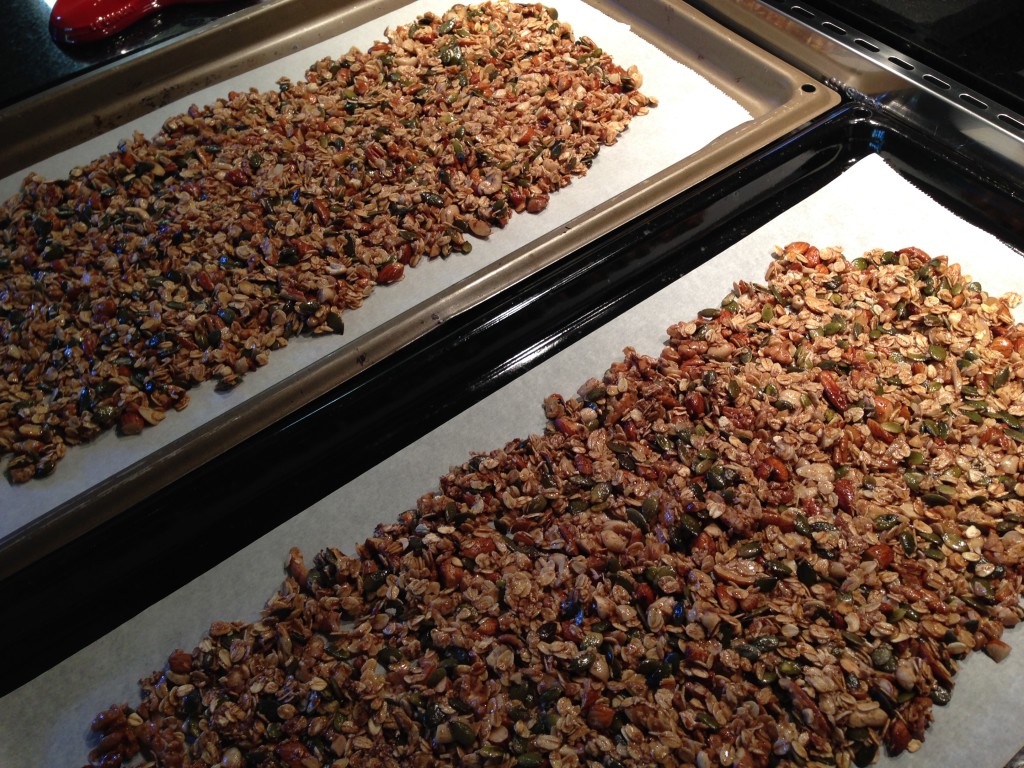 bake it on oven trays in a 180 degrees Celsius oven and end up with crisp nutty and healthy muesli granola