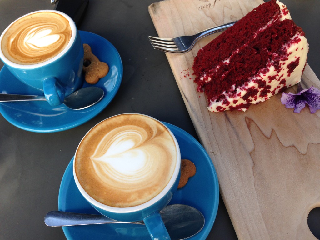 Cappuccino and Red Velvet Cake. At Terbodore Coffee in Franschhoek. They also have a roastery in the Midlands. Great!