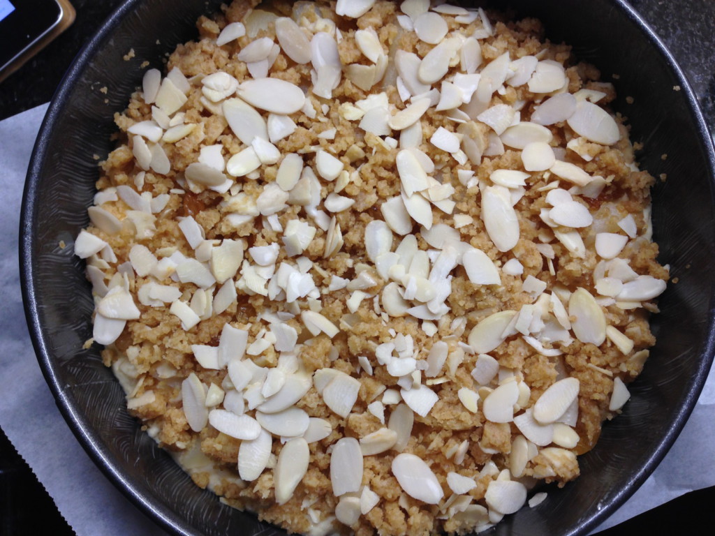 Simple to make almond and pear cake with crumble topping and almond flakes