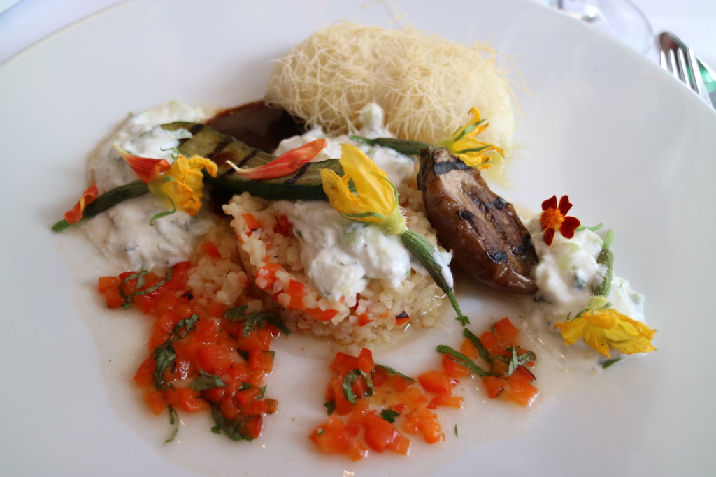 Pike Perch with Kataifi, Courgette flower, Bulgur and paprika, sauce with yoghurt, garlic and cucumber (Tzatziki)