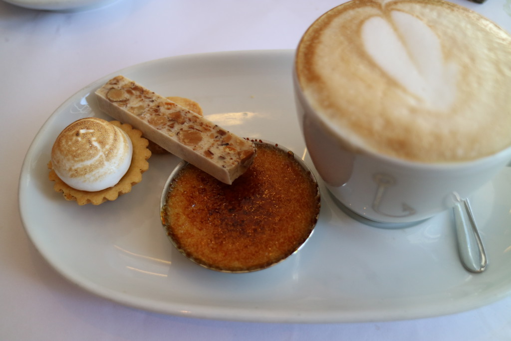 Coffee with Lemon Meringue, Nougat, Almond cookie and mini creme brûlée