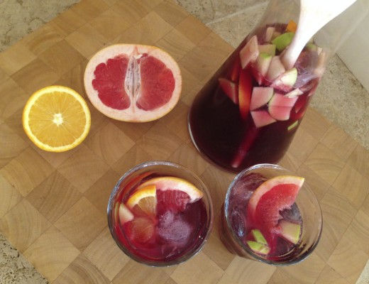 This Sangria is made with red wine, Limoncello, and fruit like grapefruit, oranges, apple, lemon, a hint of sugar and lots of love